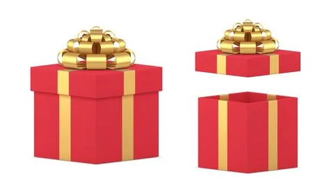 Beautiful three dimensional open and closed festive gift box wrapped by gol.. Stock Illustration