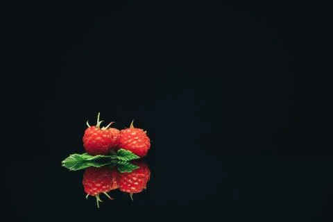 Beautiful three fresh raspberry on a black glass table dark background. Stock Photos