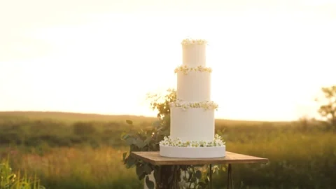 A beautiful three-tier wedding cake on a table under an arch in a field at Stock Footage 279771776