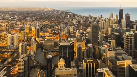 Beautiful Time Lapse Chicago at Sunset from High Above Stock Footage 76943177