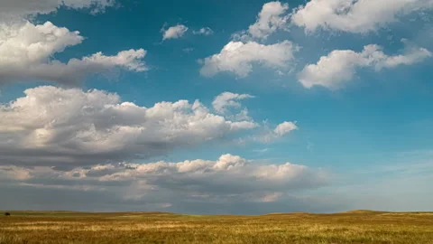 Beautiful Time-lapse of Cumulus Clouds Moving over Vast Golden Grassland Stock Footage 337543022