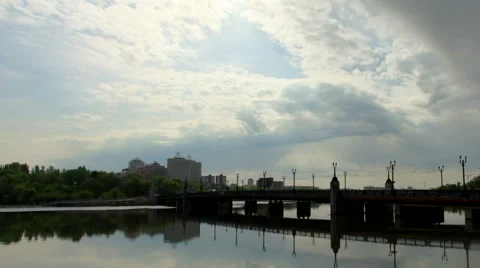 Beautiful time lapse shot clouds over the city of Donetsk. River Kalmius Stock Footage 49944669