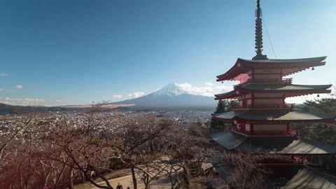 Beautiful timelapse of Mt. Fuji with Chureito Pagoda, Fujiyoshida, Japan. Stock Footage 139727642