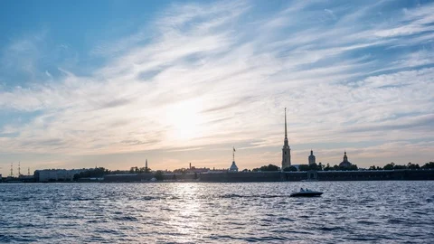 Beautiful timelapse of Peter and Paul fortress in white nights time, boats and Stock Footage 126554165