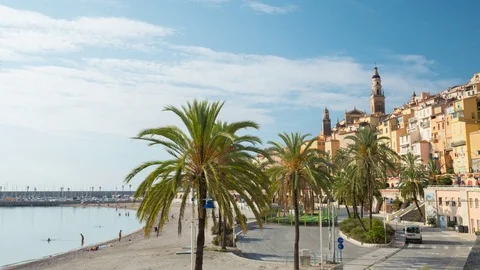 Beautiful timelapse of sandy beach at the old town Menton on french Riviera Stock Footage 73083268