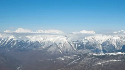 Beautiful timelapse video with panoramic view of caucasus mountains snowy ridge Stock Footage 112371036
