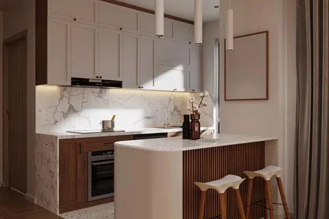 Beautiful Tiny Open Kitchen Interior Organized and Proper used Kitchen Space 스톡 사진