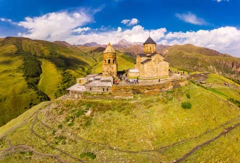 Beautiful Top view from drone to Tsminda Sameba or Holy Trinity Church Near V Stock Photos