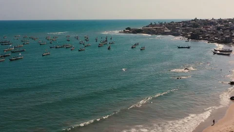 Beautiful top view over Butre beach. Coast landscape in Ghana next to Cape Coast Stock Footage 128066508