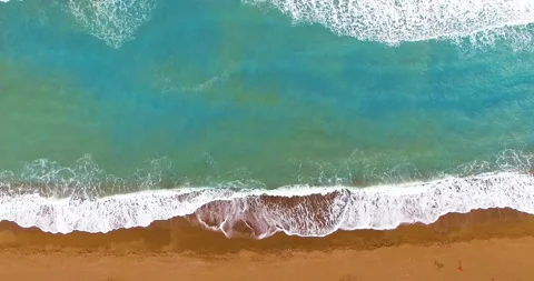 Beautiful Top View of Waves on Sandy Beach,4k Rising Up Drone Shot Stock Footage 149871058