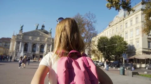 Beautiful Tourist Girl Having Fun Stock Footage