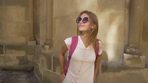 Beautiful Tourist Girl Posing Stock Footage