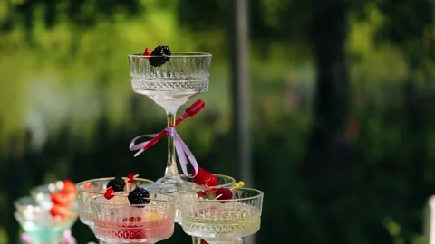 A beautiful tower of wine glasses and berries on top Stock Footage 342030894
