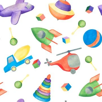 Beautiful toy, great pattern for any purposes. Watercolor illustration. White Stock Illustration