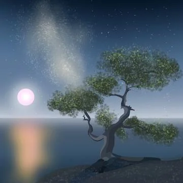 Beautiful tree with branches on the background of the moon Stock Illustration