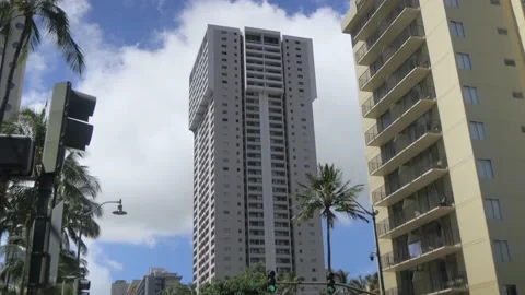Beautiful Tree Lined Avenue In Walkiki, Honolulu, Hawaii Stock Footage 154353931