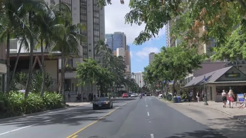 Beautiful Tree Lined Avenue In Walkiki, Honolulu, Hawaii Stock Footage 154354435