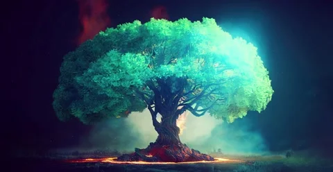 Beautiful tree with night sky and colorful ambiance. Fantasy concept art illu Video stock 219640820