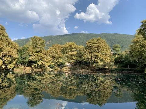 Beautiful tree reflection on the Louros Spring in the summer. Stock Photos