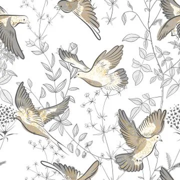 Beautiful trendy seamless pattern with plants and birds. Modern abstract design Stock Illustration
