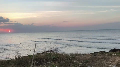 Beautiful Tropical Ocean Sunset with Rolling Waves and Coastal Grass Stock Footage 341505613