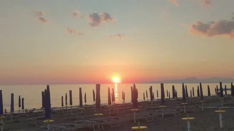 Beautiful Tropical Sunset Landscape, Deck Chairs, Umbrellas.  Stock Footage 201265123