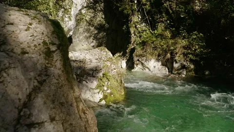 Beautiful Turquoise, Emerald River Floating Between Gorge and Rocks. Stock-Footage 168497913