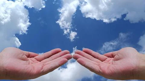 Beautiful two hand open. sky and cloud background with copy space Stock Photos