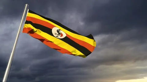 Beautiful Uganda flag on massive dark clouds background イラスト素材