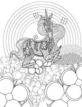 Beautiful Unicorn In Flower Fields Looking Front Colorless Line Drawing Stock Illustration