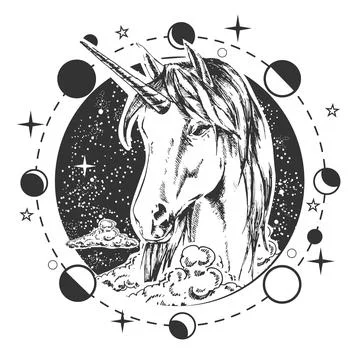 Beautiful unicorn head over cloudy, starry night sky round boho symbol Stock Illustration