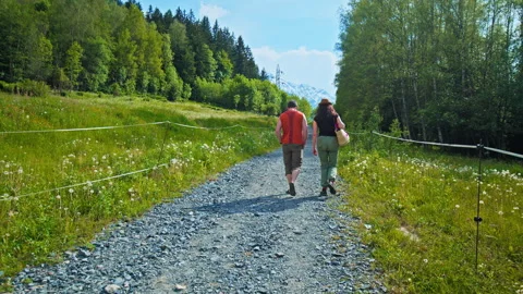 Beautiful unrecognizable couple walking up the hill in the Alps Mountains. Stock Footage 247251465