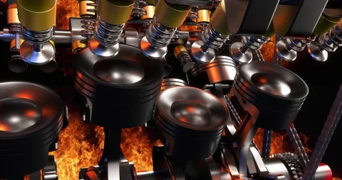Beautiful V8 car engine moving at high speed in explosions and flames. Video stock 229495925