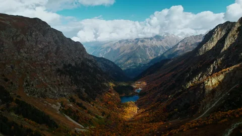 Beautiful Valley Between High Mountains In Sunny Autumn Day, Aerial View Stock Footage 254117597