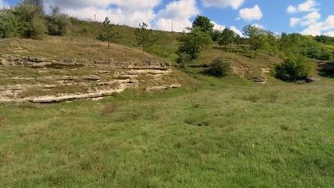 A beautiful valley with trees next to a river, filmed with a drone. Video stock 113317637