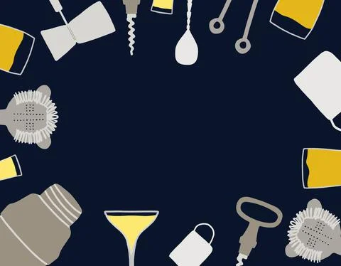 Beautiful vector background with bartending equipment shaker, mixing, serving Stock Illustration