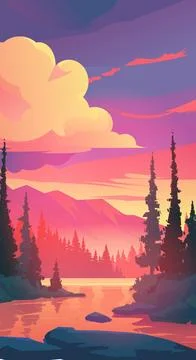 Beautiful vector background with lake and forest at sunset. Stones in the water Stock Illustration