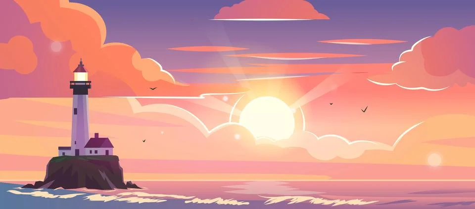 Beautiful vector background with a lighthouse and the sea, the setting sun Stock Illustration