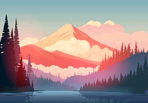 Beautiful vector background with sun lit mountain, hills, forest and lake. Stock Illustration