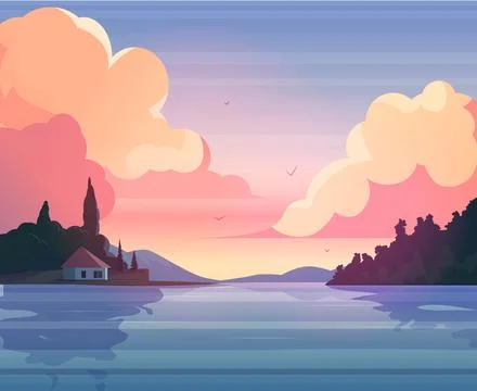 Beautiful vector background with sunlit mountains, hills, forest and lake house. Illustrazione stock