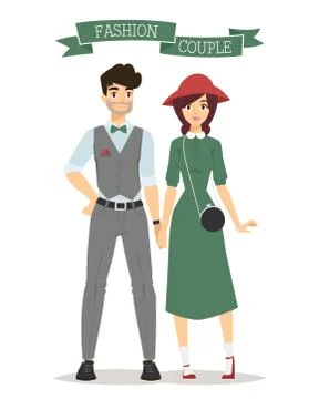 Beautiful vector cartoon couple fashion clothes models look standing over white Ilustração Stock