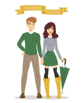 Beautiful vector cartoon couple fashion clothes models look standing over white Ilustração Stock