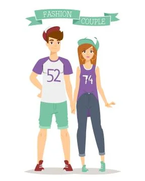 Beautiful vector cartoon couple fashion clothes models look standing over white Ilustração Stock