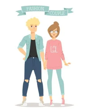 Beautiful vector cartoon couple fashion clothes models look standing over white Ilustração Stock