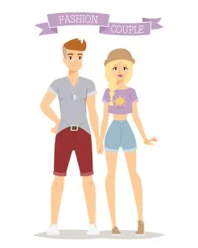 Beautiful vector cartoon couple fashion clothes models look standing over white Ilustração Stock