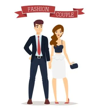 Beautiful vector cartoon couple fashion clothes models look standing over white Ilustração Stock