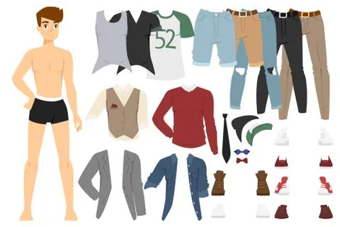 Beautiful vector cartoon fashion boy model constructor  look standing over white Stock Illustration