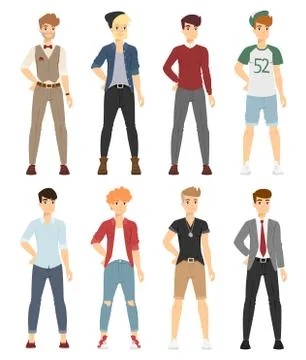 Beautiful vector cartoon fashion boy models look standing over white background Stock Illustration
