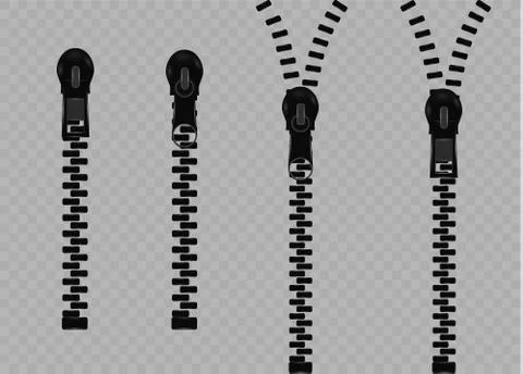 Beautiful vector closed and open zip detail, buckle. Fastens with a zipper.metal Stock Illustration