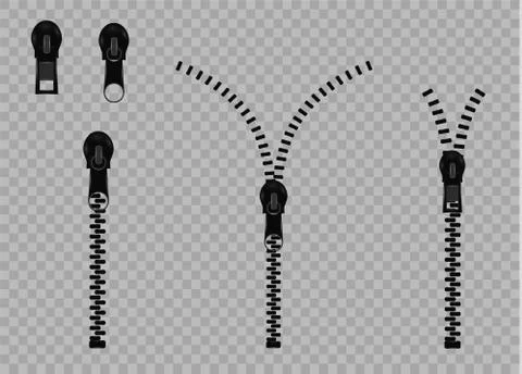 Beautiful vector closed and open zip detail, buckle. Fastens with a zipper.metal Stock Illustration